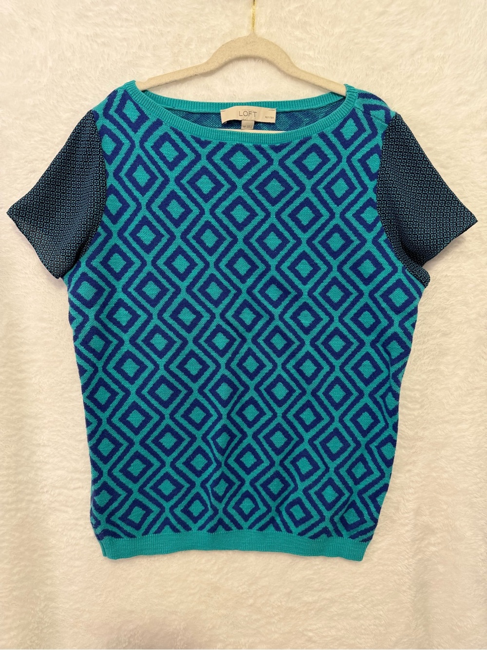 LOFT Geometric Diamond Knit Sweater Womens MP Medium Petite Short Sleeve Y2K